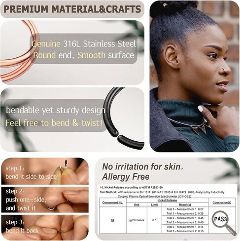 BodyBonita 9Pcs Nose Rings Hoops - 316L Stainless Steel 20G 18G Nose Stud Twist Style Bendable Hypoallergenic Cartilage Earrings for Women Conch Piercing Jewelry Helix Rook Tragus Lobe Daith Snug 8mm 10mm in Saudi Arabia