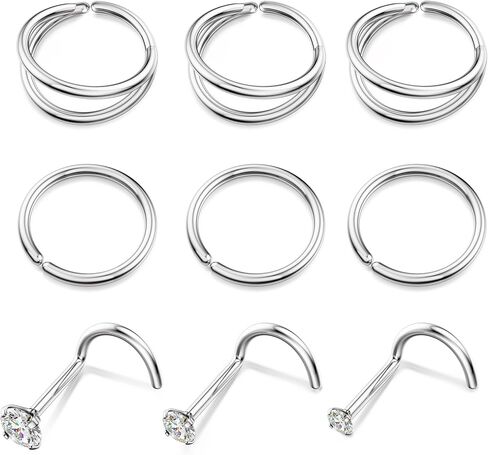 BodyBonita 9Pcs Nose Rings Hoops - 316L Stainless Steel 20G 18G Nose Stud Twist Style Bendable Hypoallergenic Cartilage Earrings for Women Conch Piercing Jewelry Helix Rook Tragus Lobe Daith Snug 8mm 10mm in Saudi Arabia
