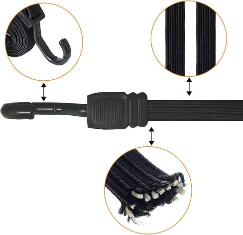 حبال بنجي مسطحة قابلة للتعديل مقاس 40 بوصة مع خطافات وأشرطة حبل مرنة شديدة التحمل للتخييم والدراجات والدراجات القابلة للطي والأمتعة. (2 قطعة رمادي أسود، خطاف فولاذي مغلف بالبلاستيك) in Kuwait