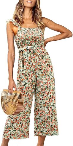 KOJOOIN Women's Casual Floral Sleeveless Jumpsuits Smocked Tank Top Square Neck Belt Wide Leg Jumpsuit Rompers with Pockets in Saudi Arabia