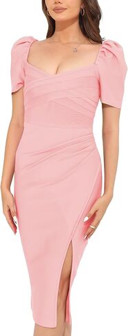 Women's Midi Bodycon Dresses Sweetheart Neck Puff Sleeve Side Slit Ruched Tummy Control Wrap Dress Wedding Guest Dress in Saudi Arabia