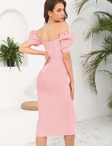 Women's Midi Bodycon Dresses Sweetheart Neck Puff Sleeve Side Slit Ruched Tummy Control Wrap Dress Wedding Guest Dress in Saudi Arabia