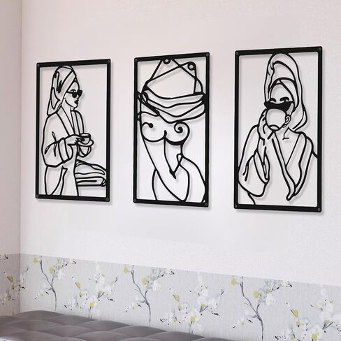 CHENGU 3 Pieces Metal Minimalist Abstract Woman Wall Art Line Drawing Wall Art Decor Single Line Female Home Hanging Wall Art Decor for Kitchen Bathroom Living Room (Black,Bath) in Saudi Arabia