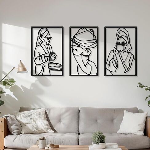 CHENGU 3 Pieces Metal Minimalist Abstract Woman Wall Art Line Drawing Wall Art Decor Single Line Female Home Hanging Wall Art Decor for Kitchen Bathroom Living Room (Black,Bath) in Saudi Arabia
