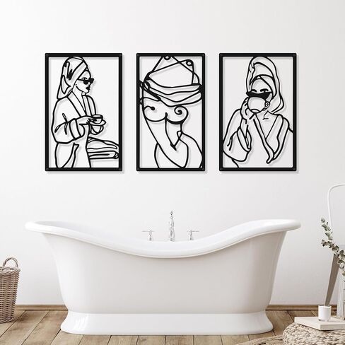 CHENGU 3 Pieces Metal Minimalist Abstract Woman Wall Art Line Drawing Wall Art Decor Single Line Female Home Hanging Wall Art Decor for Kitchen Bathroom Living Room (Black,Bath) in Saudi Arabia