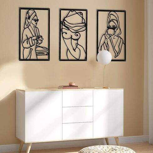 CHENGU 3 Pieces Metal Minimalist Abstract Woman Wall Art Line Drawing Wall Art Decor Single Line Female Home Hanging Wall Art Decor for Kitchen Bathroom Living Room (Black,Bath) in Saudi Arabia