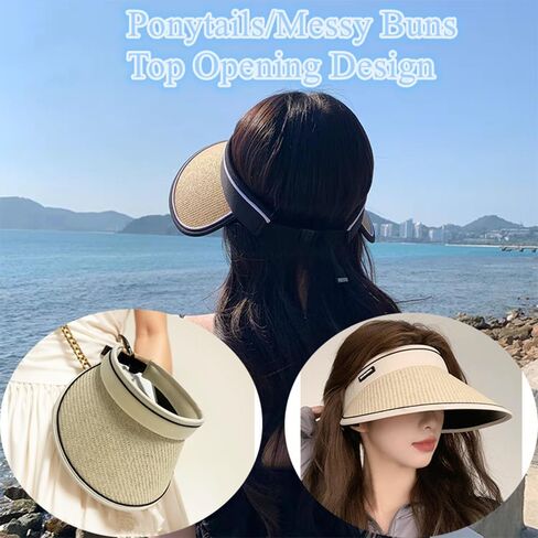 Sun Visor Hats for Women Wide Brim Straw Beach Hat Summer Packable Ponytail Hats for Women Travel UPF 50+ in Saudi Arabia