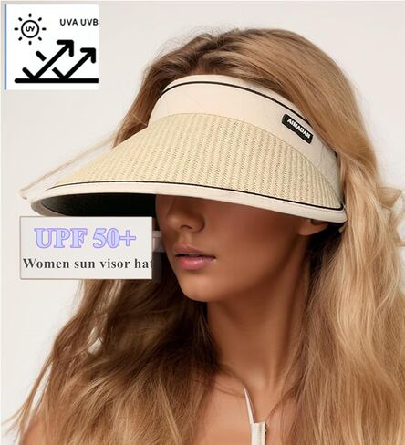 Sun Visor Hats for Women Wide Brim Straw Beach Hat Summer Packable Ponytail Hats for Women Travel UPF 50+ in Saudi Arabia