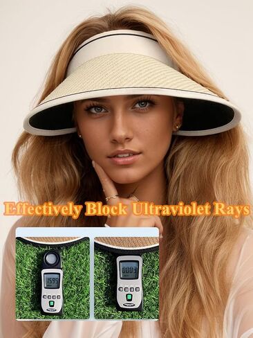 Sun Visor Hats for Women Wide Brim Straw Beach Hat Summer Packable Ponytail Hats for Women Travel UPF 50+ in Saudi Arabia