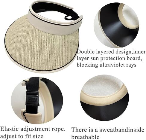 Sun Visor Hats for Women Wide Brim Straw Beach Hat Summer Packable Ponytail Hats for Women Travel UPF 50+ in Saudi Arabia