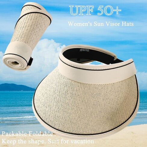 Sun Visor Hats for Women Wide Brim Straw Beach Hat Summer Packable Ponytail Hats for Women Travel UPF 50+ in Saudi Arabia