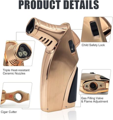 JOBON Torch Lighter, Triple Jet Flame Butane Lighter with Punch and Safety Lock (Butane Gas Not Included) (Black) in Kuwait