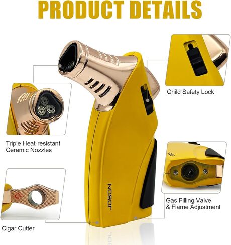 JOBON Torch Lighter, Triple Jet Flame Butane Lighter with Punch and Safety Lock (Butane Gas Not Included) (Black) in Saudi Arabia