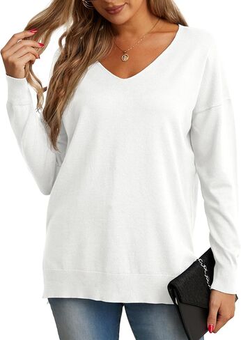 GRECERELLE Women's V-Neck Long Sleeve Side Split Loose Casual Knit Pullover Sweater Blouse in Saudi Arabia