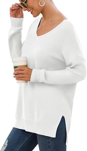 GRECERELLE Women's V-Neck Long Sleeve Side Split Loose Casual Knit Pullover Sweater Blouse in Saudi Arabia