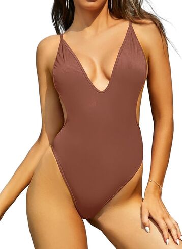 SHEKINI Women's Sexy Deep V Neck One Piece Ribbed Thong Swimsuit High Cut Backless Bathing Suit in Saudi Arabia