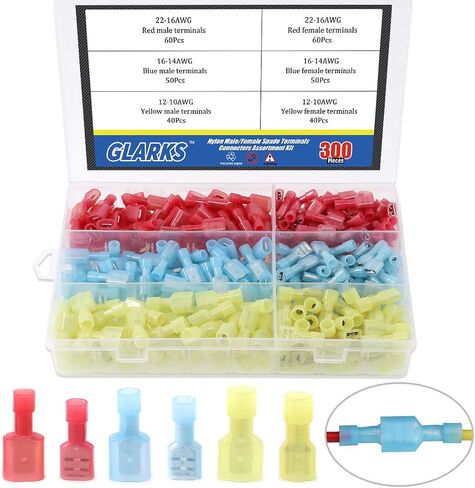 Glarks 300pcs 22-16 16-14 12-10 Gauge Nylon Fully Insulated Male/Female Spade Quick Splice Wire Disconnect Electrical Insulated Crimp Terminals Connectors Assortment Kit in Kuwait