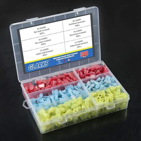Glarks 300pcs 22-16 16-14 12-10 Gauge Nylon Fully Insulated Male/Female Spade Quick Splice Wire Disconnect Electrical Insulated Crimp Terminals Connectors Assortment Kit in Kuwait