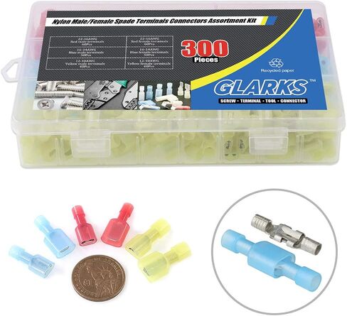 Glarks 300pcs 22-16 16-14 12-10 Gauge Nylon Fully Insulated Male/Female Spade Quick Splice Wire Disconnect Electrical Insulated Crimp Terminals Connectors Assortment Kit in Kuwait