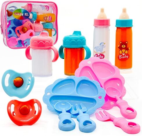 Baby Doll Accessories Magic Bottle set Magic Disappearing Milk Juice Bottles Sippy Cups with Pacifiers Bowl Spoons, Doll Bottle Toys Feeding Pretend Playset for Kids Girls Ages 3+ (Small set(10pcs)) in Kuwait