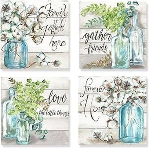 Genius Decor Farmhouse Wall Art for Kitchen Canvas Print Watercolor Family Gathers Here and Forever Home Mason Jar Cotton Floral Plants Artwork Four 12x12inch Framed Prints in Saudi Arabia