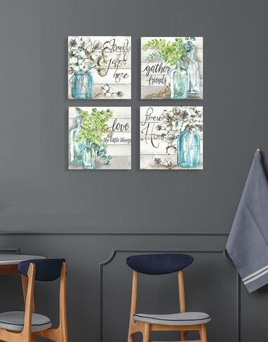 Genius Decor Farmhouse Wall Art for Kitchen Canvas Print Watercolor Family Gathers Here and Forever Home Mason Jar Cotton Floral Plants Artwork Four 12x12inch Framed Prints in Saudi Arabia