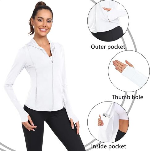 Sun Shirts for Women Long Sleeve UV Protection Thumb Holes Lightweight Hiking Hoodie Full Zip UPF 50 Workout Top in Kuwait