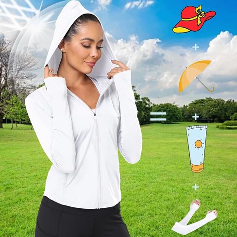 Sun Shirts for Women Long Sleeve UV Protection Thumb Holes Lightweight Hiking Hoodie Full Zip UPF 50 Workout Top in Kuwait