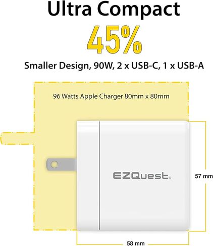EZQuest 120W USB C Charger - 2X USB-C, 1X USB-A Port, with 2 Meter USB C Charger Cable Fast Charging Block or GAN Charger - EU Converter Compatible for MacBook Pro, iPad Pro & Other Type C Devices in Saudi Arabia
