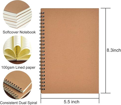 6 عبوات من دفاتر الملاحظات الحلزونية ذات الغلاف الناعم، دفتر يوميات مذكرة سلكية مع ورق مبطن، 120 صفحة/ 60 ورقة، 8.3 بوصة × 5.5 بوصة (6) in Kuwait