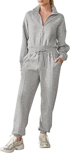 Fixmatti Zip Up Jumpsuits for Women Casual Long Sleeve Drawstring Waist Romper with Pockets in Saudi Arabia