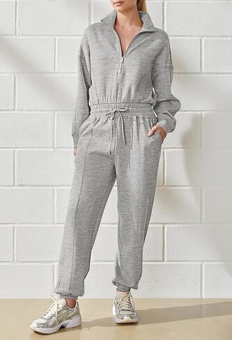 Fixmatti Zip Up Jumpsuits for Women Casual Long Sleeve Drawstring Waist Romper with Pockets in Saudi Arabia