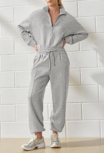 Fixmatti Zip Up Jumpsuits for Women Casual Long Sleeve Drawstring Waist Romper with Pockets in Saudi Arabia