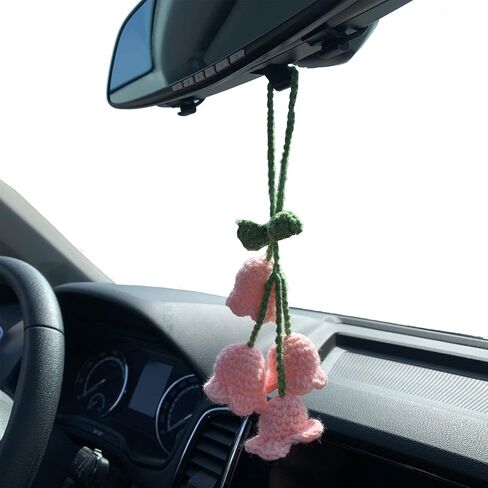 Cute Crochet Convallaria Car Hanging Ornament for Car Rearview Mirrior Decor,Handmade Knitted Flora Flower Car Mirror Hanging Accessories(White) in Saudi Arabia