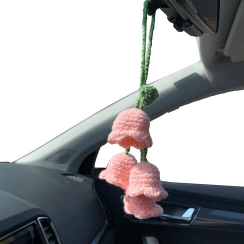 Cute Crochet Convallaria Car Hanging Ornament for Car Rearview Mirrior Decor,Handmade Knitted Flora Flower Car Mirror Hanging Accessories(White) in Saudi Arabia