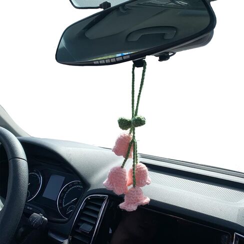 Cute Crochet Convallaria Car Hanging Ornament for Car Rearview Mirrior Decor,Handmade Knitted Flora Flower Car Mirror Hanging Accessories(White) in Saudi Arabia