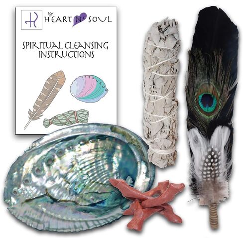 Complete Smudge Kit with Sage, Feather, Abalone Shell, Stand - Energy Cleansing Clearing Spiritual Practice House Smudging - Detailed Instructions for Beginners… (Black Turkey Feather) in Saudi Arabia