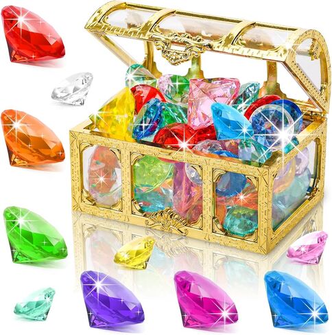 FUTUREPLUSX 20 قطعة لعبة حمام السباحة جوهرة الغوص، جوهرة مع صندوق الصدر القراصنة الكنز الصيف تحت الماء مجموعة الأحجار الكريمة الأكريليك ألعاب السباحة الصيفية الغوص رمي تحت الماء هدية اللعبة in Kuwait