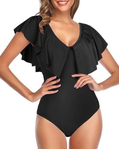 Tempt Me Women Ruffle One Piece Swimsuit Flounce Sleeve Swimwear V Neck Bathing Suit for Teen Girls in Saudi Arabia