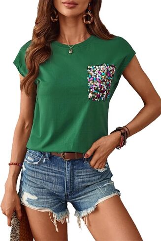 OYOANGLE Women's Summer Casual Funny Tee Cute Top Sequin Pocket Front Short Sleeve T-Shirt in Saudi Arabia
