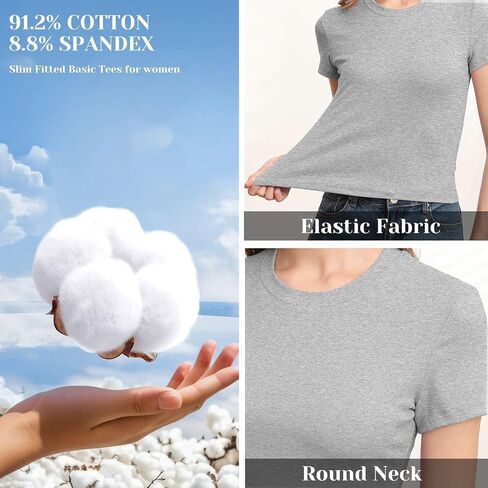 Slim Fitted Basic Tees for women Cotton Short Sleeve T Shirts Cropped Tshirts Casual Crewneck Plain Tight Tops Trendy in Saudi Arabia