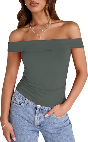 LUYAA Women's Off Shoulder Cropped Tops Short Sleeve Slim Fit Ruched T Shirt Going Out Y2K Trendy Outfits in Saudi Arabia