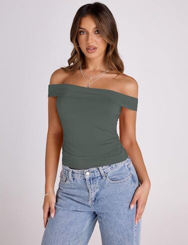 LUYAA Women's Off Shoulder Cropped Tops Short Sleeve Slim Fit Ruched T Shirt Going Out Y2K Trendy Outfits in Saudi Arabia