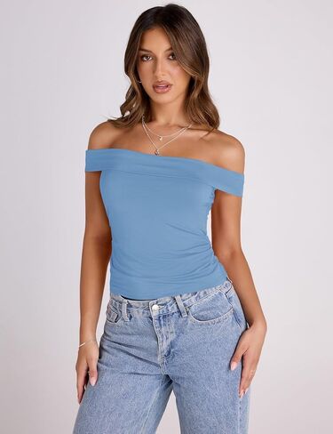 LUYAA Women's Off Shoulder Cropped Tops Short Sleeve Slim Fit Ruched T Shirt Going Out Y2K Trendy Outfits in Saudi Arabia