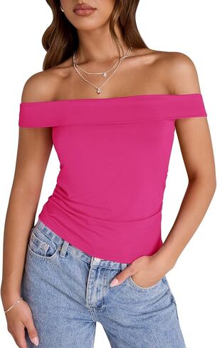LUYAA Women's Off Shoulder Cropped Tops Short Sleeve Slim Fit Ruched T Shirt Going Out Y2K Trendy Outfits in Saudi Arabia