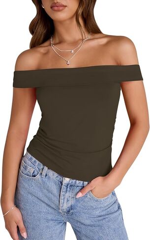 تي شيرت LUYAA نسائي بدون أكتاف مقصوص وأكمام قصيرة مقاس نحيف مكشكش تي شيرت للخروج Y2K ملابس عصرية in Kuwait