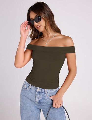 تي شيرت LUYAA نسائي بدون أكتاف مقصوص وأكمام قصيرة مقاس نحيف مكشكش تي شيرت للخروج Y2K ملابس عصرية in Kuwait