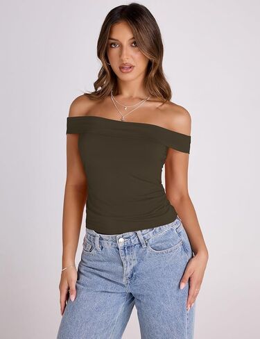 تي شيرت LUYAA نسائي بدون أكتاف مقصوص وأكمام قصيرة مقاس نحيف مكشكش تي شيرت للخروج Y2K ملابس عصرية in Kuwait