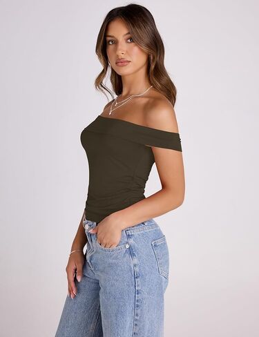 تي شيرت LUYAA نسائي بدون أكتاف مقصوص وأكمام قصيرة مقاس نحيف مكشكش تي شيرت للخروج Y2K ملابس عصرية in Kuwait