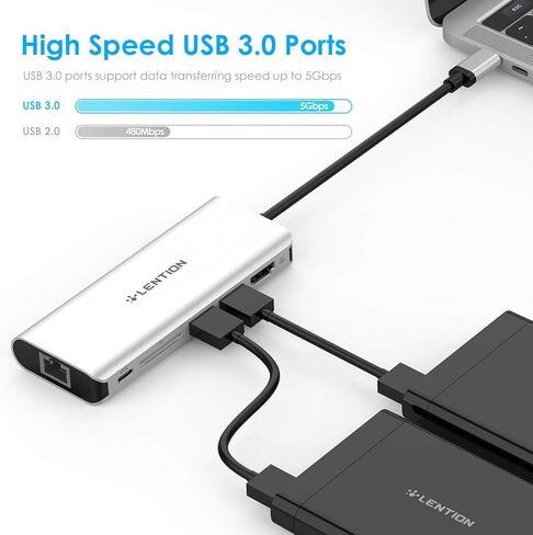 موزع LENTION USB C مع 4K HDMI، قارئ بطاقة SD، 2 USB 3.0، متوافق مع الشحن والإيثرنت من النوع C MacBook Pro، جهاز Mac Air/Surface/Steam Deck الجديد، المزيد، (CB-C68، فضي) in Saudi Arabia